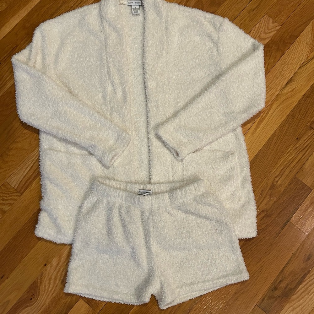 Better Together Cozy Off White Fuzzy Cardigan Lounge Short Set
